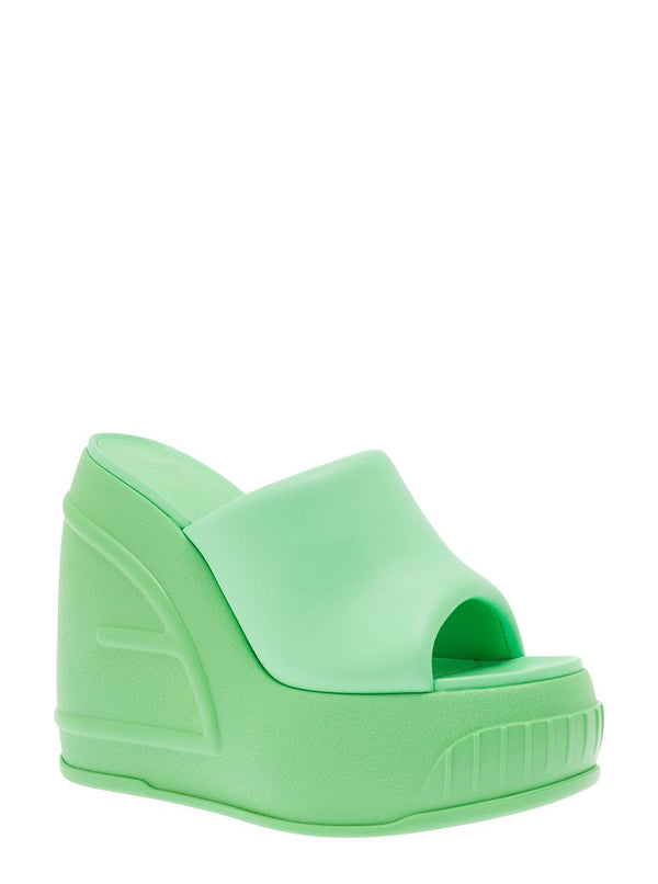 Fendi Green Platform Slides With Embossed Oversized Ff Pattern In Leather Woman - Women - Piano Luigi