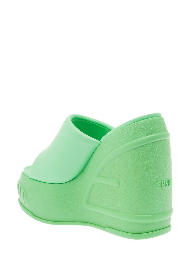 Fendi Green Platform Slides With Embossed Oversized Ff Pattern In Leather Woman - Women - Piano Luigi