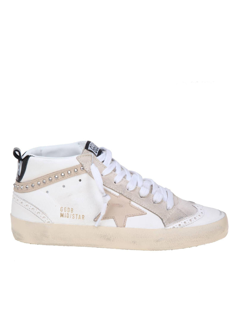 Golden Goose Mid Star Sneakers In White Leather With Applied Crystals - Women - Piano Luigi