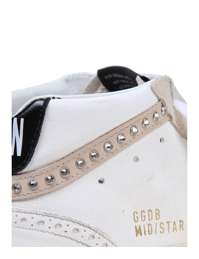 Golden Goose Mid Star Sneakers In White Leather With Applied Crystals - Women - Piano Luigi