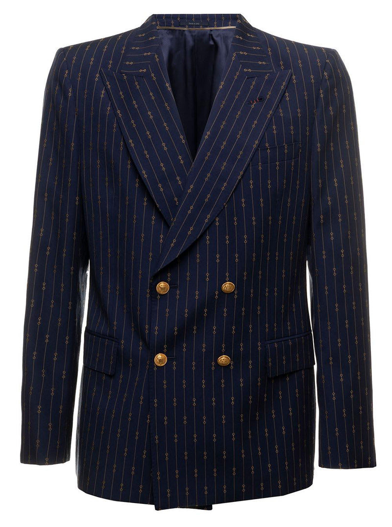 Gucci Mans Blue Printed Wool Double-breasted Blazer - Men - Piano Luigi