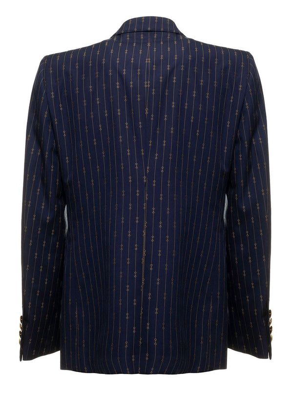 Gucci Mans Blue Printed Wool Double-breasted Blazer - Men - Piano Luigi