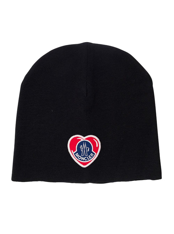 Moncler Black Beanie With Heart-shaped Logo Patch In Wool Blend Man - Men - Piano Luigi