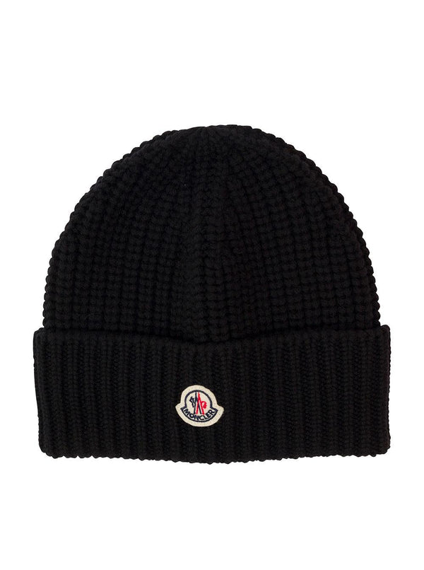 Moncler Black Ribbed Beanie With Patch Logo In Wool Woman - Women - Piano Luigi