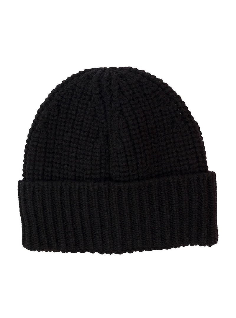 Moncler Black Ribbed Beanie With Patch Logo In Wool Woman - Women - Piano Luigi