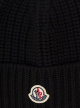 Moncler Black Ribbed Beanie With Patch Logo In Wool Woman - Women - Piano Luigi