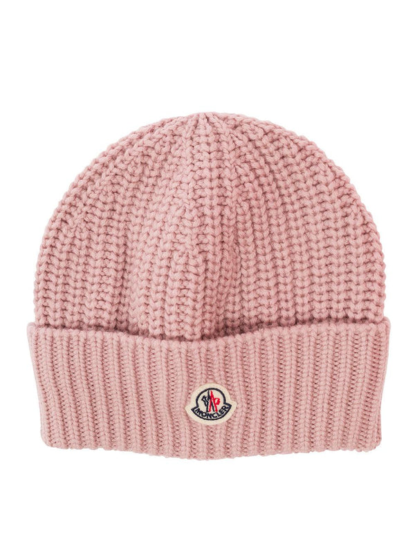 Moncler Pink Ribbed Beanie With Patch Logo In Wool Woman - Women - Piano Luigi