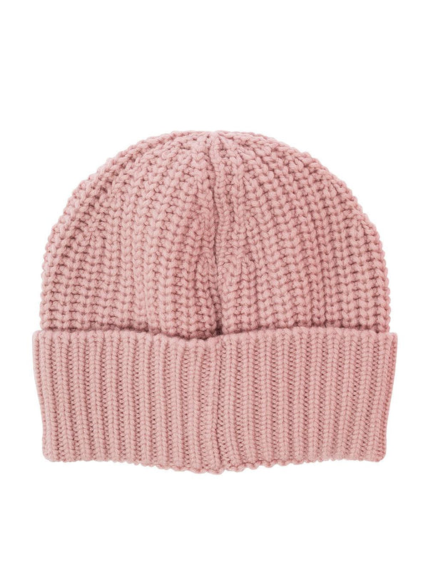 Moncler Pink Ribbed Beanie With Patch Logo In Wool Woman - Women - Piano Luigi