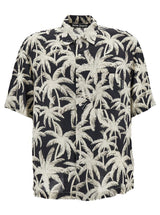 Palm Angels Black And White Short Sleeve Shirt With All-over Palm Print In Viscose Man - Men - Piano Luigi