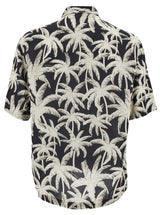 Palm Angels Black And White Short Sleeve Shirt With All-over Palm Print In Viscose Man - Men - Piano Luigi