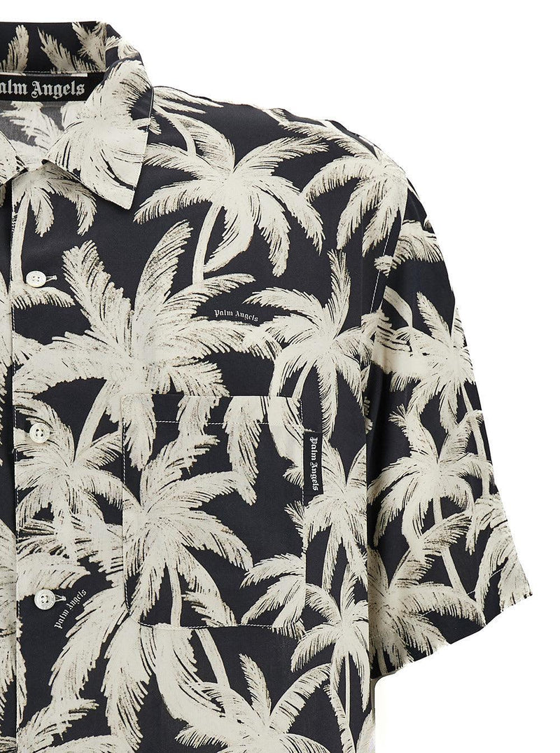 Palm Angels Black And White Short Sleeve Shirt With All-over Palm Print In Viscose Man - Men - Piano Luigi