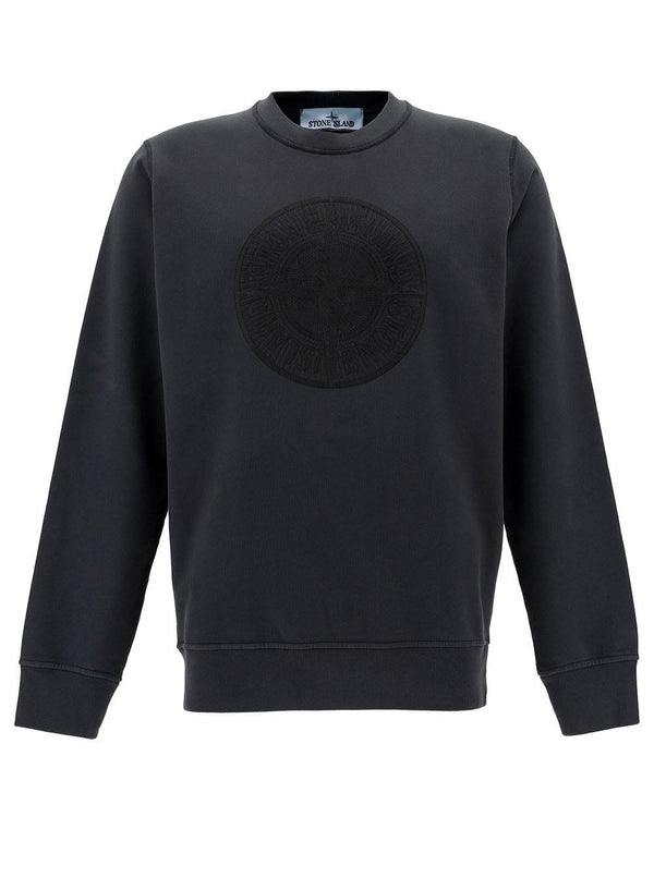 Stone Island Black Crewneck Sweater With Compass Embroidery In Cotton Man - Men - Piano Luigi