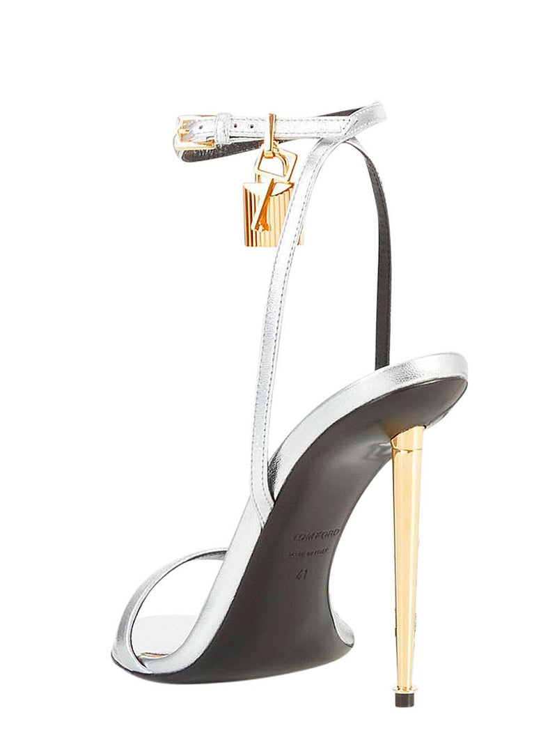 Tom Ford Silver Sandals With Metal Heel And Padlock In Leather Woman - Women - Piano Luigi