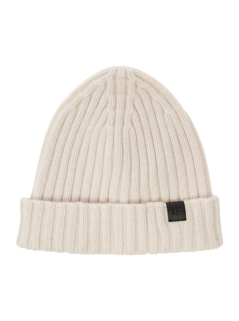 Tom Ford White Ribbed Beanie With Logo Patch In Cashmere Man - Men - Piano Luigi