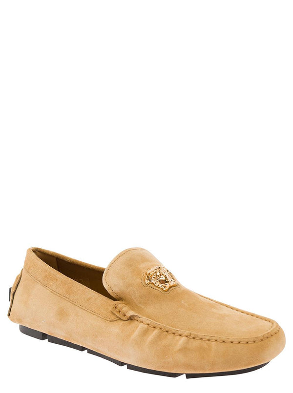 Versace Beige Slip-on Loafers With Medusa Details In Suede Man - Men - Piano Luigi