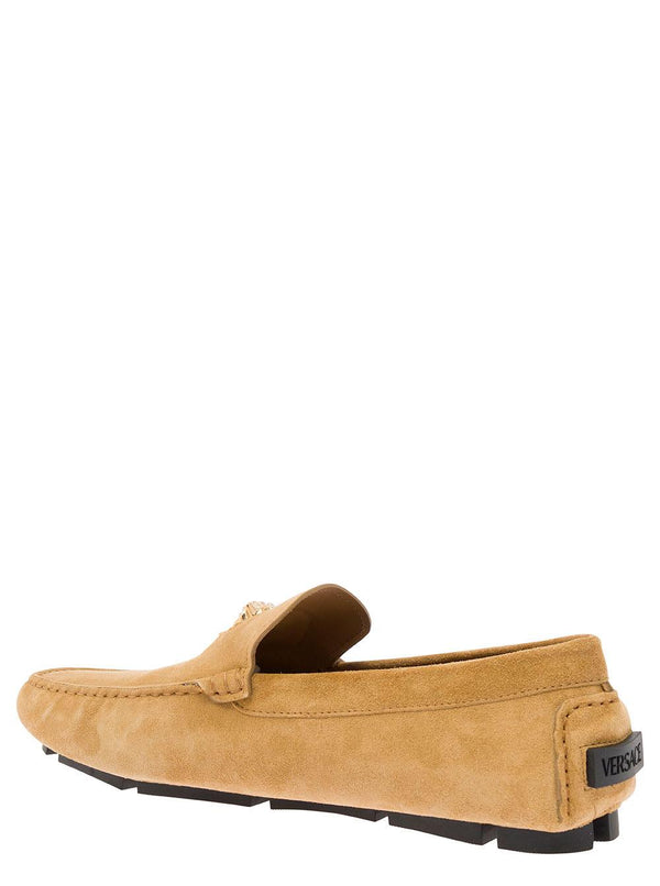 Versace Beige Slip-on Loafers With Medusa Details In Suede Man - Men - Piano Luigi